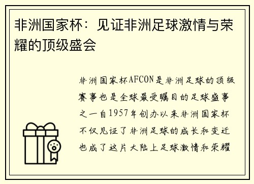 非洲国家杯：见证非洲足球激情与荣耀的顶级盛会